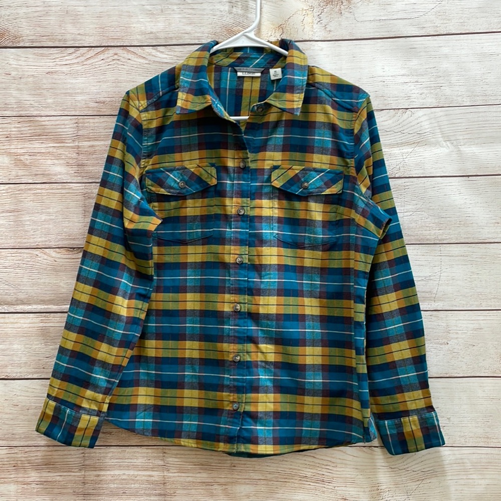L L BEAN PLAID FLANNEL SHIRT IN YELLOW AND TEAL